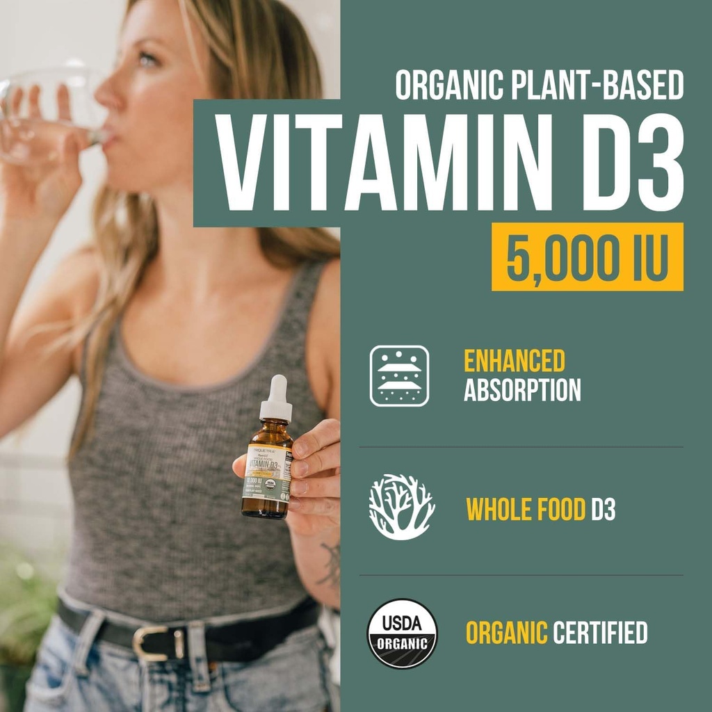 Plant-D3 Organic Vitamin D3 5000 IU - Vegan, Max Strength Sublingual Liquid D3 Drops - 200% Higher Absorption - 100% Plant-Based Cholecalciferol Form - Adjustable Dosing for All Ages (1oz Liquid) 3