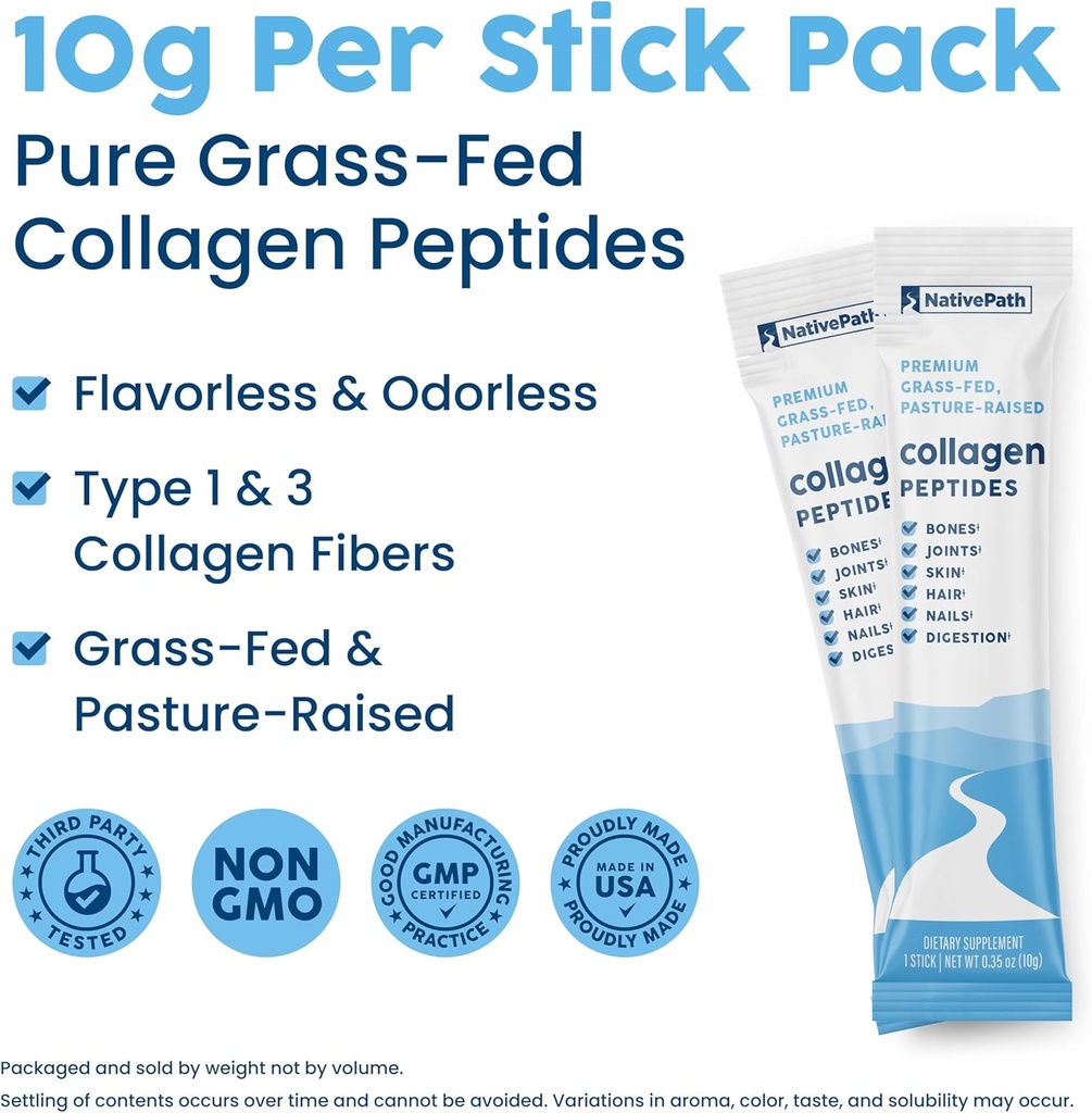 NativePath Collagen Peptides Protein Stick Packs - Hydrolyzed Type 1 & 3 Collagen Powder for Skin, Hair, Nails - 30 Servings 5