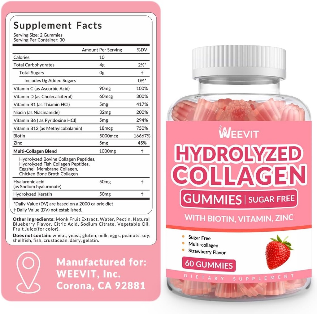 Collagen Gummies for Women, Hydrolyzed Collagen Peptides Gummies with Biotin, Collagen Supplements Gummy with Vitamin B12, C, D, Zinc for Hair Skin Nail 3