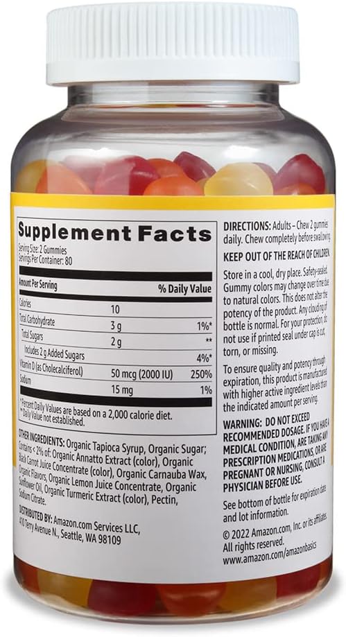 Basics Vitamin D3 2000 IU Gummies, Orange, Lemon & Strawberry, 160 Count (2 per Serving) (Previously Solimo) (Pack of 2) 3