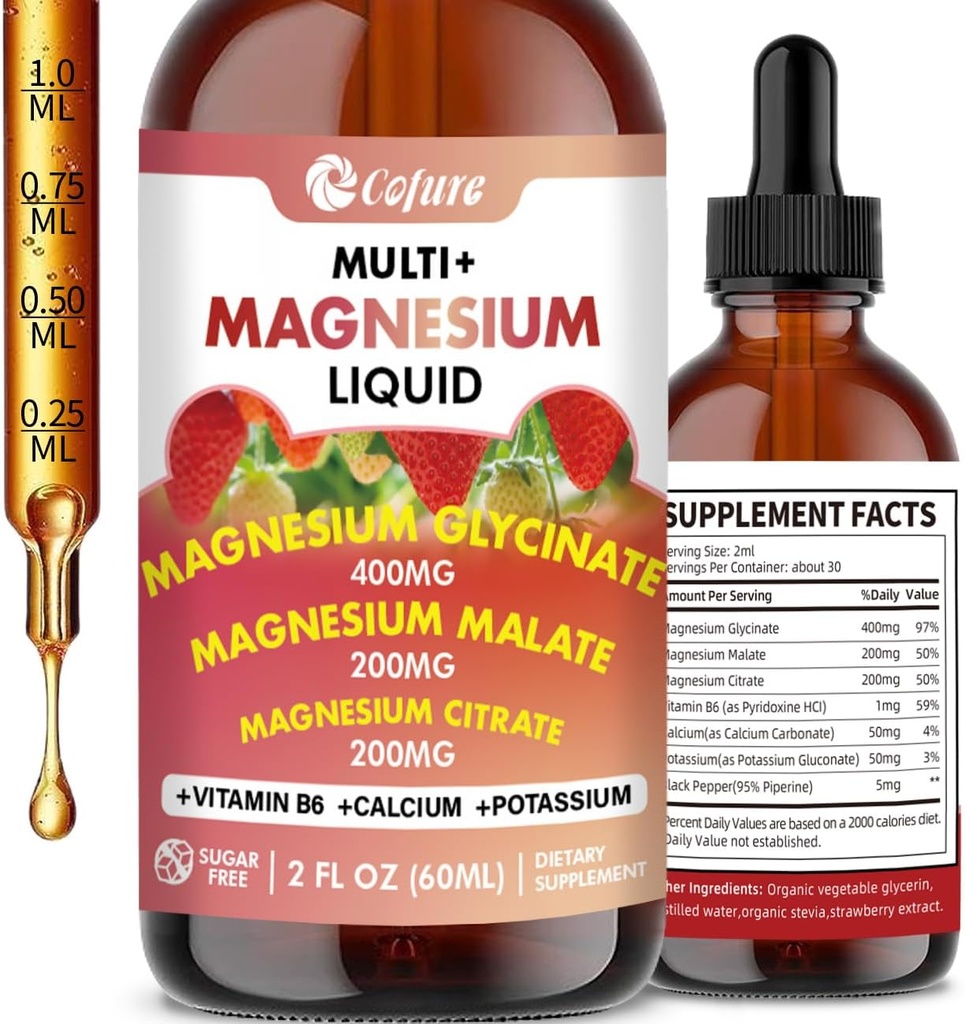 Triple Magnesium Complex 900 mg Liquid, Magnesium Glycinate, Citrate, Malate with Potassium, Calcium, Vitamin B6 for Adults - Vegan, Non-GMO, Gluten Free - 2 Fl Oz 2