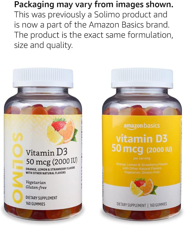 Basics Vitamin D3 2000 IU Gummies, Orange, Lemon & Strawberry, 160 Count (2 per Serving) (Previously Solimo) (Pack of 2) 4