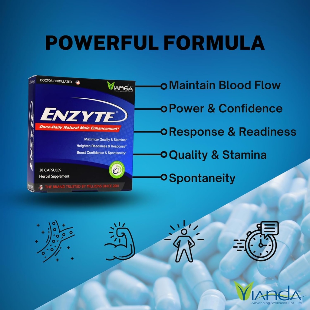 Enzyte® by Vianda Male Enhancement Health Supplement for Blood Flow, Stamina, and Quality, with Asian Ginseng, Ginkgo Biloba, Grape Seed, Horny Goat Weed, Muira Puama - 30 Capsules (3 Pack) 3
