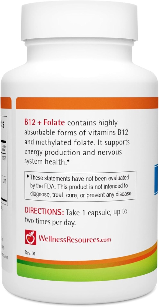Wellness Resources B12 and Folate Supplement - Methyl B12 1000 & Methylated Folate for High Absorption, Gluten Free, Immune Support Supplement, B12 and Folate for MTHFR, 5-MTHF 5