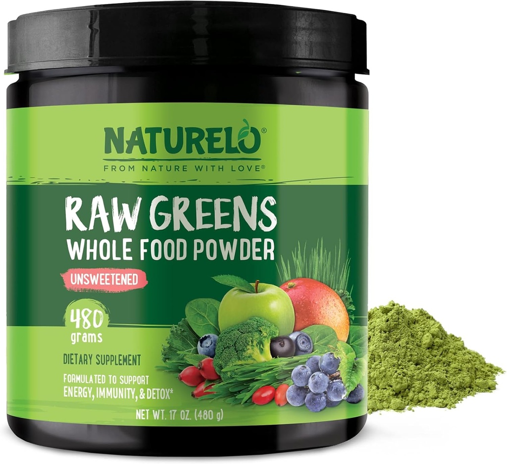 NATURELO Raw Greens Superfood Powder - Unsweetened - Boost Energy, Detox, Enhance Health - Organic Spirulina - Wheat Grass - Whole Food Nutrition from Fruits & Vegetables - 480 Grams 2
