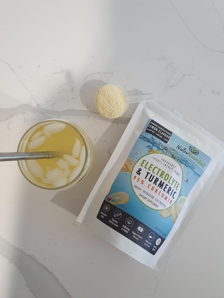 Electrolyte Powder Infused with 95% Pure Organic Curcumin from Turmeric - Sports Energy Drink Mix - Hydration Powder Sugar Free - Lemon Flavor Turmeric Drink - 250g 3