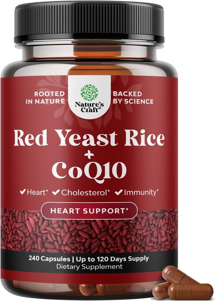 Red Yeast Rice with CoQ10 Supplement - Advanced Healthy Heart & Healthy Cholesterol Levels Formula for Men & Women - Extra Strength Capsule with Red Yeast Rice 1200 mg Capsules with CoQ10-240 Count 2