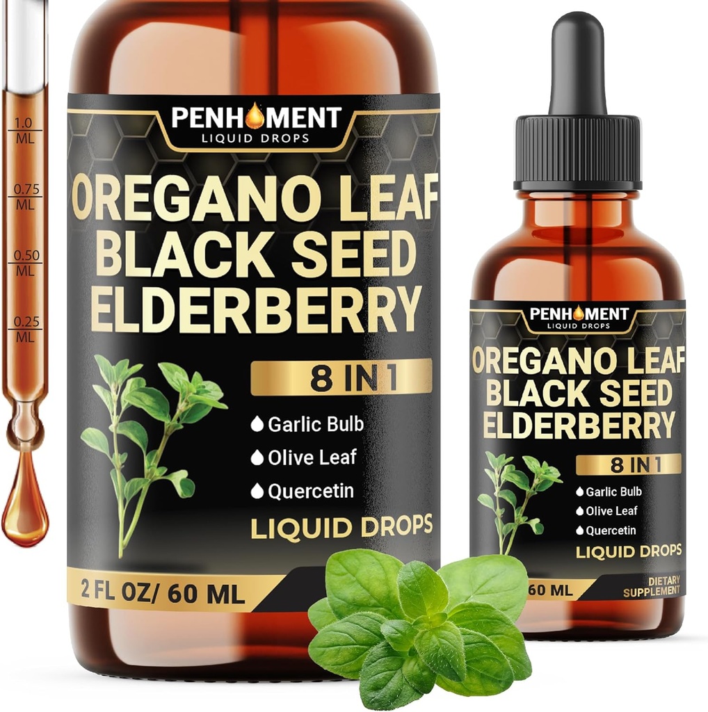 8in1 2900mg Oil of Oregano Drops with Black Seed Oil Liquid | Contains Carvacrol | Garlic, Elderberry, Olive Leaf, Quercetin, Bromelain - 2 Fl Oz 2