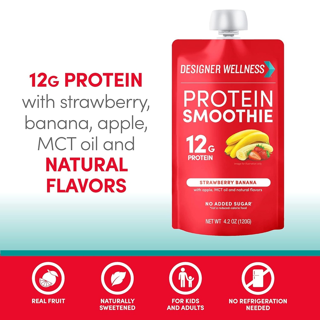 Designer Wellness Protein Smoothie, Real Fruit, 12g Protein, Low Carb, Zero Added Sugar, Gluten-Free, Non-GMO, No Artificial Colors or Flavors, Strawberry Banana, 12 Count 4