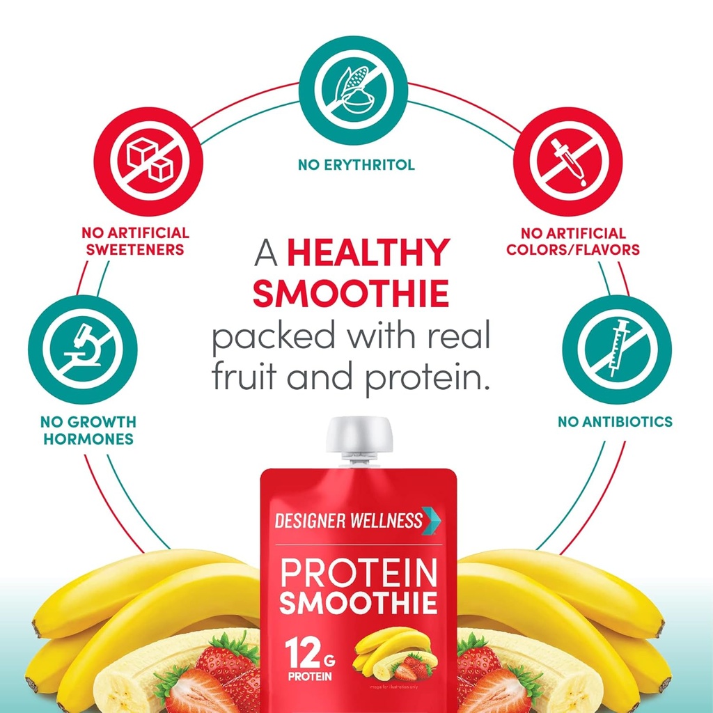 Designer Wellness Protein Smoothie, Real Fruit, 12g Protein, Low Carb, Zero Added Sugar, Gluten-Free, Non-GMO, No Artificial Colors or Flavors, Strawberry Banana, 12 Count 5