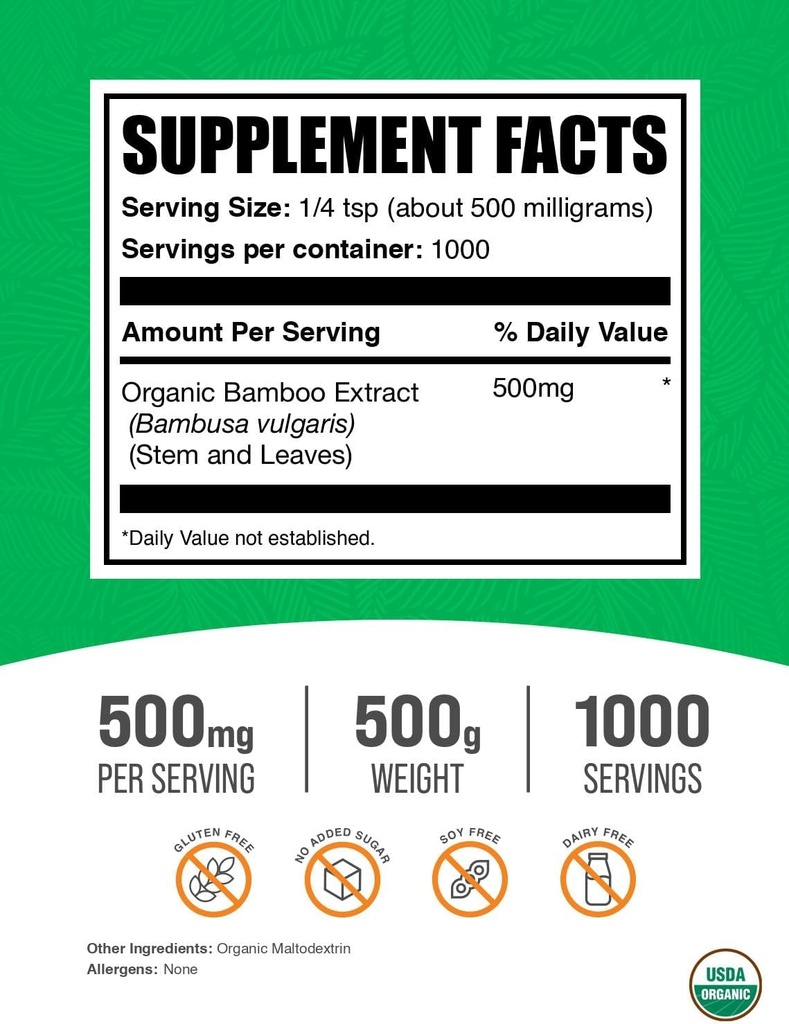 BulkSupplements.com Bamboo Extract Powder - Silica Supplements, Bamboo Supplement - Herbal & Gluten Free, 500mg per Serving, 100g (3.5 oz) (Pack of 1) 3