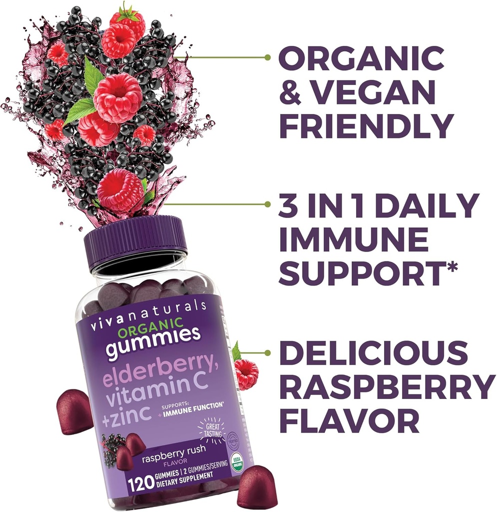 Viva Naturals Organic Sambucus Elderberry Gummies for Adults (120 Count) - 3in1 Black Elderberry Vitamin C and Zinc Immune Support Gummies, Chewable Elderberry Supplements, Zinc Immunity Gummies 6