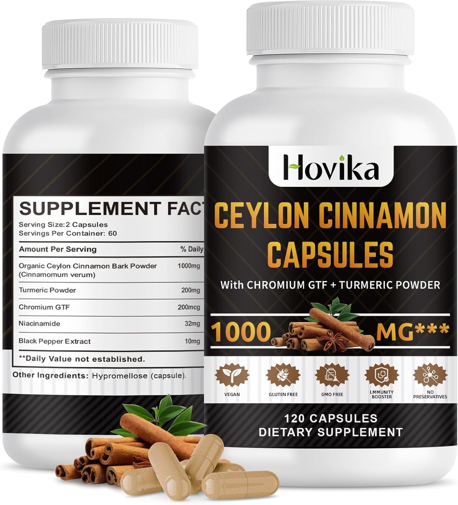 Ceylon Cinnamon Capsules - Made with Chromium GTF, Turmeric, Niacinamide, Black Pepper - Energy, Heart & Metabolism Support - for Men & Women - 120 Vegan Capsules, 2 Month Supply 2