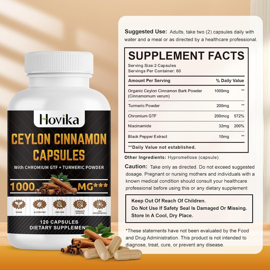 Ceylon Cinnamon Capsules - Made with Chromium GTF, Turmeric, Niacinamide, Black Pepper - Energy, Heart & Metabolism Support - for Men & Women - 120 Vegan Capsules, 2 Month Supply 6