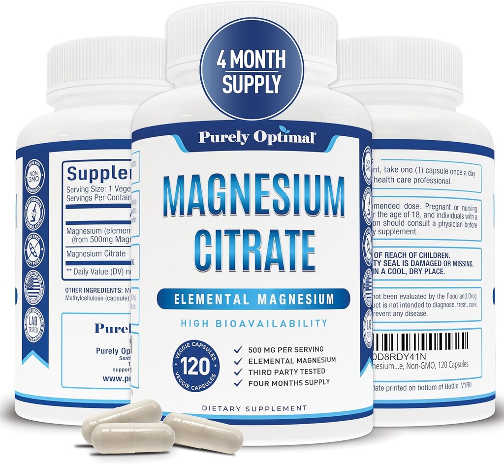 Purely Optimal Magnesium Citrate 500mg – Magnesium Supplement for Digestive Health, Gentle Constipation Relief, Muscle & Sleep Support, Calm & Relaxation – High Absorption, 120 Easy-to-Swallow Caps 2
