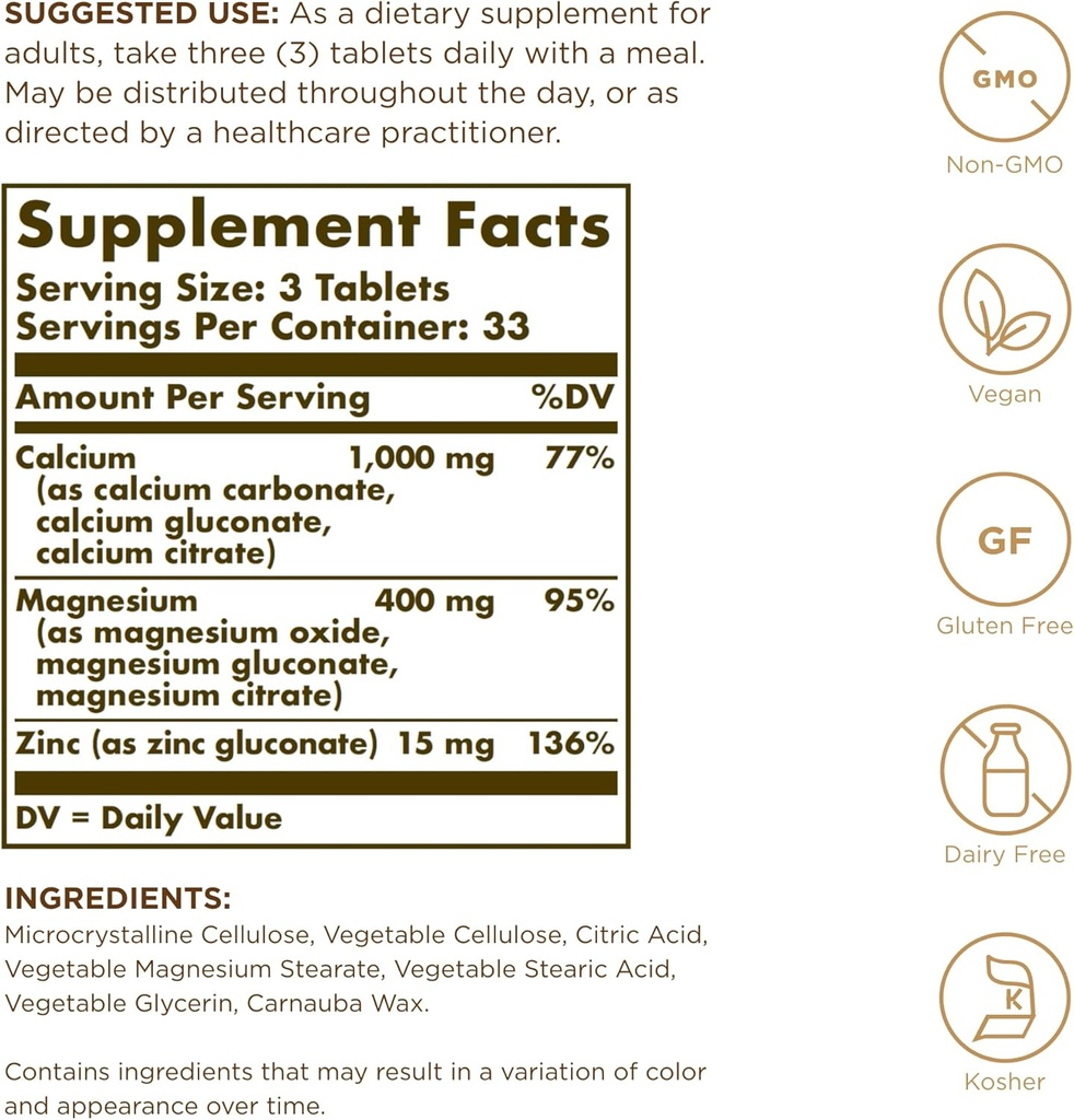 Solgar Calcium Magnesium Plus Zinc, 100 Tablets (Pack of 3) - Promotes Healthy Bones and Teeth - Supports Nerve & Muscle Function - Non-GMO, Vegan, Gluten Free, Dairy Free, Kosher - 100 Total Servings 3