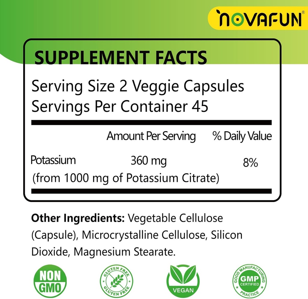 Potassium Citrate 1000mg, Potassium Supplement for Leg Cramps, Muscle & Heart Health, Vegan, Non-GMO, Gluten Free, 90 Capsules 3