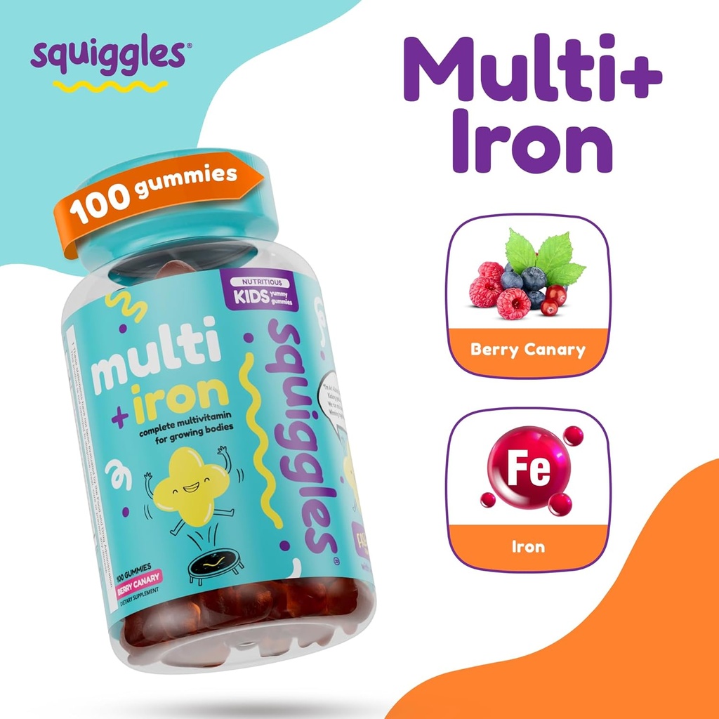 Squiggles Kids Multivitamin + Iron Gummies - Low Sugar Gummy Vitamins with Iron Supplements for Kids - Broad Spectrum of Vitamins and Minerals, Chewy, Yummy Berry Flavor (100 Count) 2