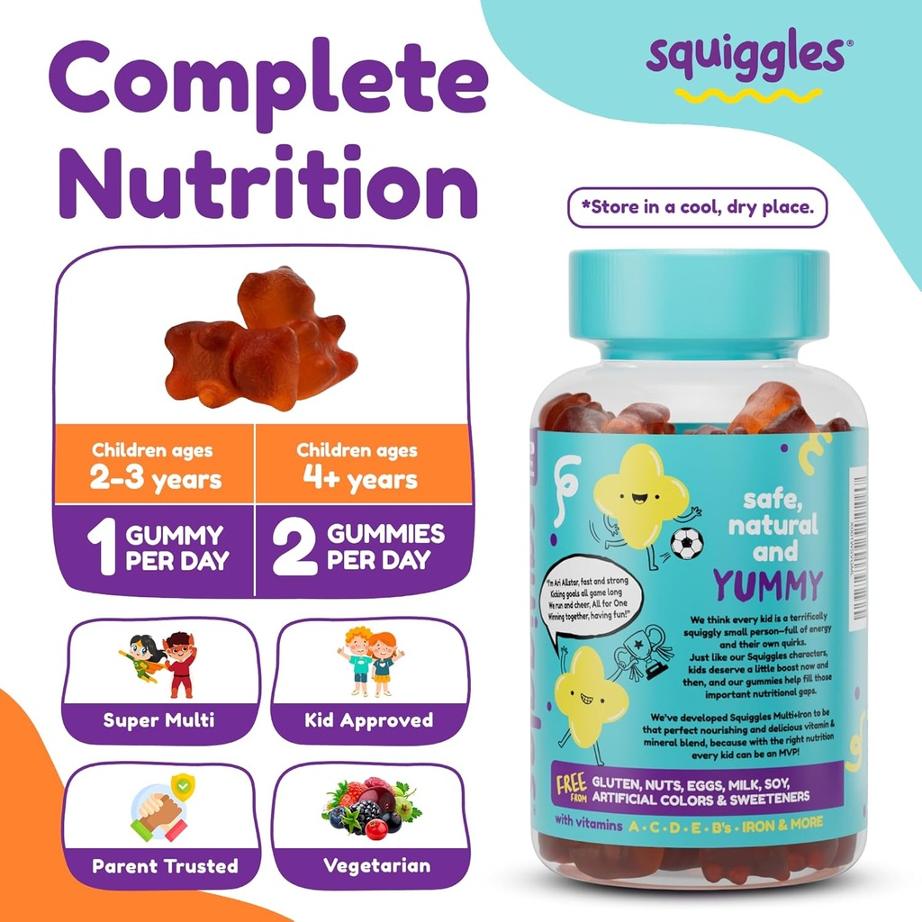 Squiggles Kids Multivitamin + Iron Gummies - Low Sugar Gummy Vitamins with Iron Supplements for Kids - Broad Spectrum of Vitamins and Minerals, Chewy, Yummy Berry Flavor (100 Count) 3