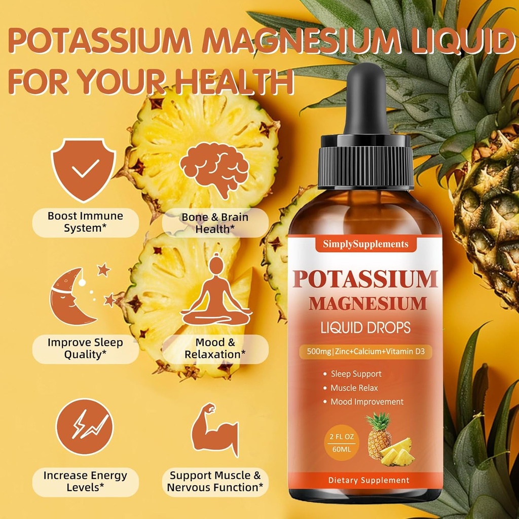 Potassium Magnesium Supplement - Potassium 99mg & 500mg Magnesium Glycinate Complex Liquid Drops with Calcium, Zinc, Vitamin B6, D3 - Energy & Bone & Muscle Support - 2 Fl oz 6