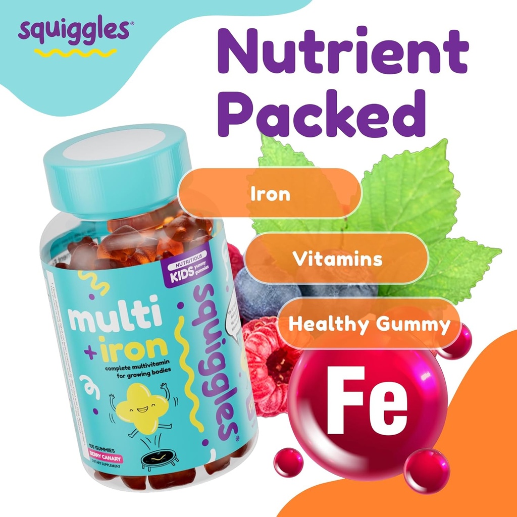 Squiggles Kids Multivitamin + Iron Gummies - Low Sugar Gummy Vitamins with Iron Supplements for Kids - Broad Spectrum of Vitamins and Minerals, Chewy, Yummy Berry Flavor (100 Count) 6