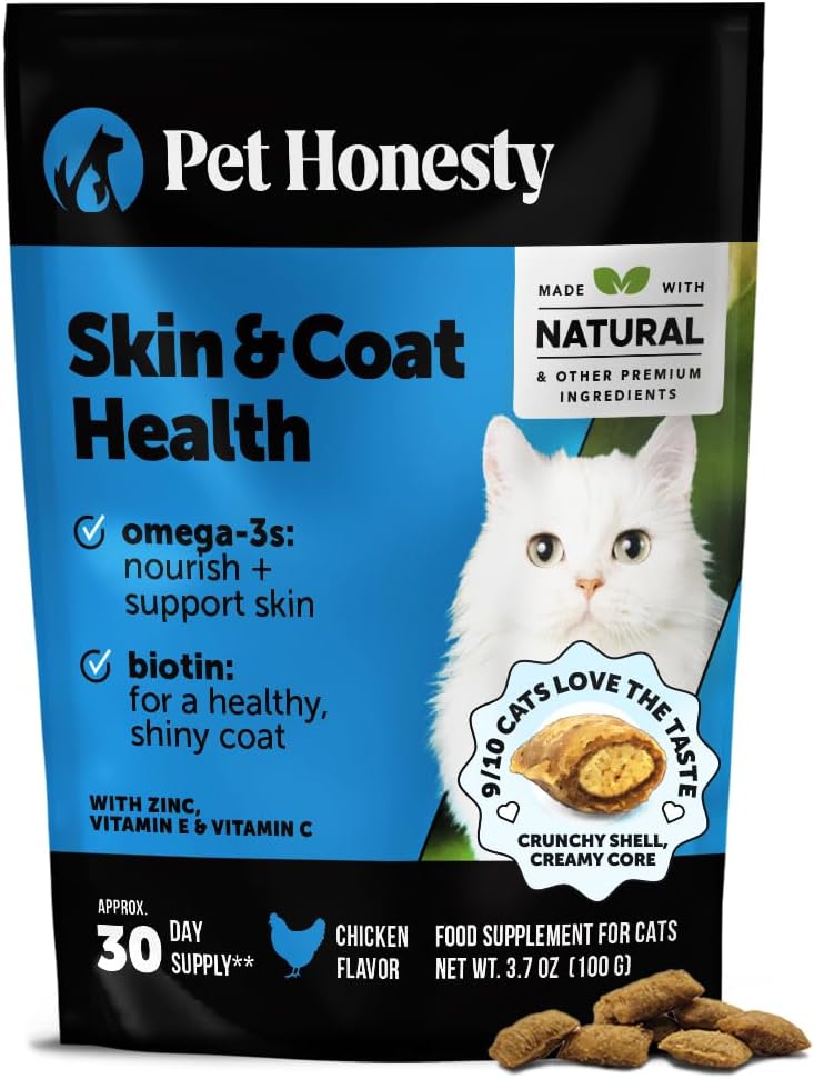 Cat Skin & Coat Health Crunchy & Creamy Chews - Omegas, Vitamin C + E, Biotin Supplement, Soothes Skin and Promotes Shiny Coat, Cat Supplements & Vitamins - Chicken (30-Day Supply) 2