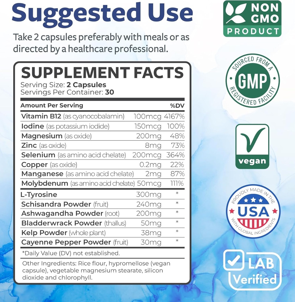 Thyroid Support with Iodine (Non-GMO) Improve Your Energy & Mood - Metabolism Booster Thyroid Health Supplement for Women and for Men - Ashwagandha, Zinc, B12 Complex - 60 Capsules 6