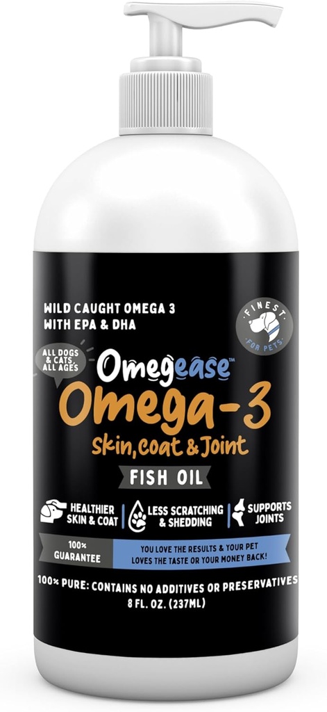 Omegease Fish Oil for Dogs & Cats - Finest for Pets Omega 3 for Cats & Dogs - Supplement for Skin & Coat, Itching, Shedding, Joints & Immune Health - 100% Pure Omega Fish Oil with EPA & DHA (8 oz) 2