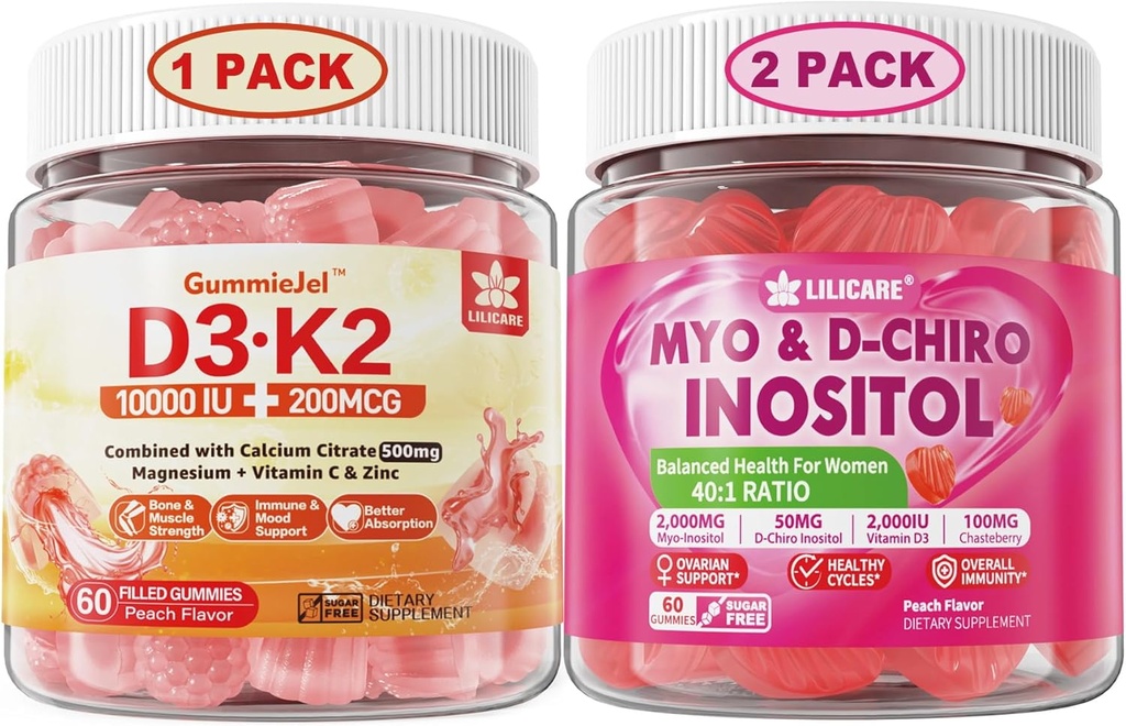 Bundle: Vitamin D3 K2 Filled Gummies & Inositol Gummies Ideal 40:1 Ratio Myo & D-Chiro 2