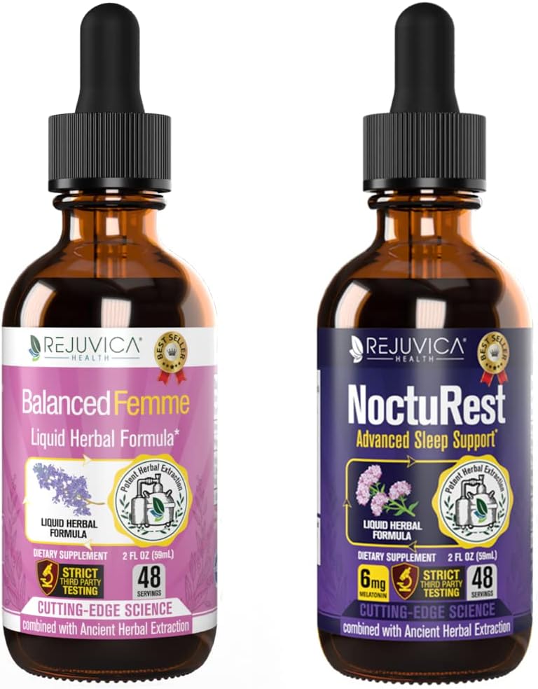 Rejuvica Health Balanced Femme + NoctuRest - Support Female Balance + Sleep - Liquid Delivery for Better Absorption - Dong Quai, Melatonin, Maca, Hops, Chamomile, Theanine & More! 2