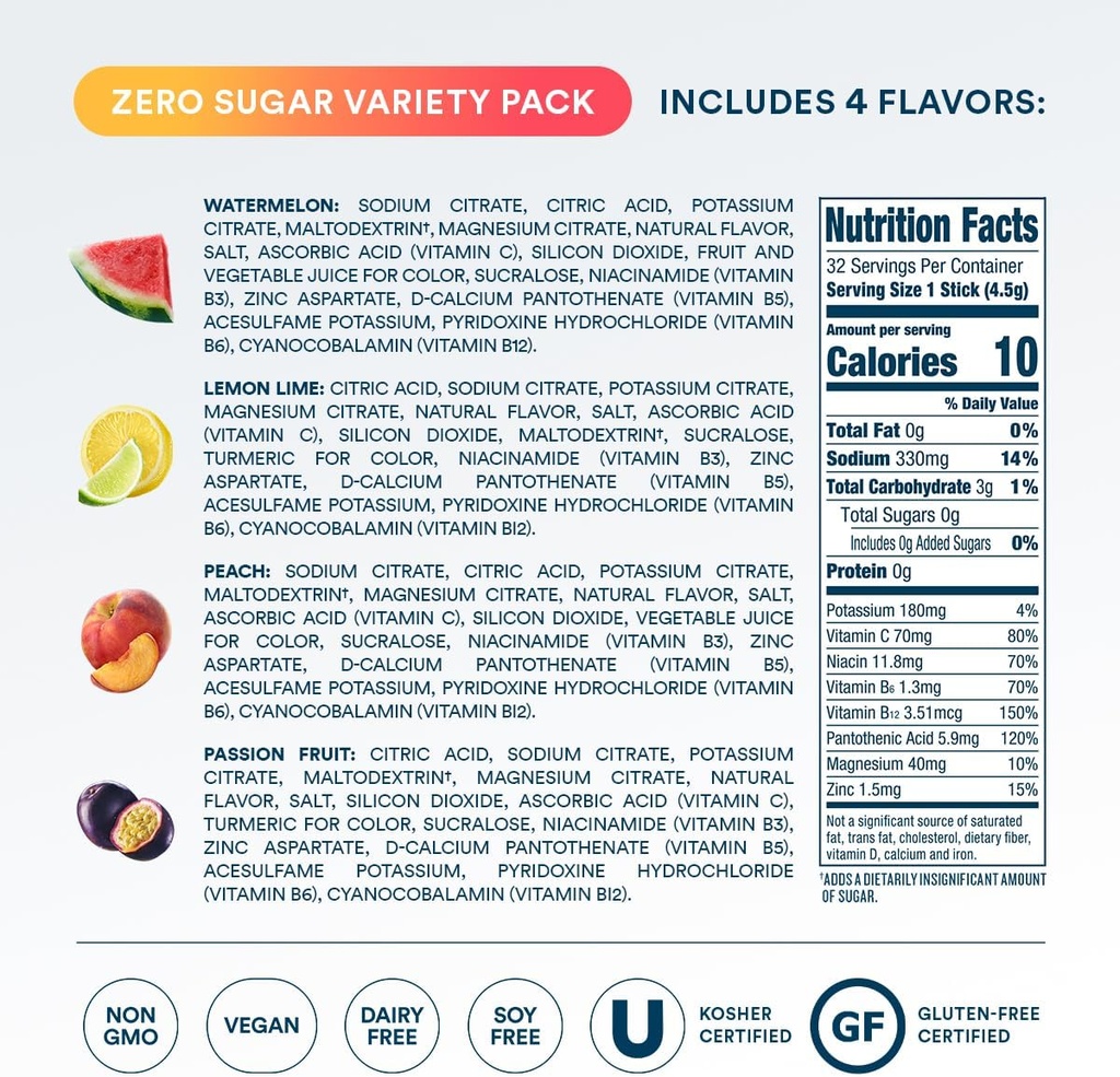 DripDrop Sugar Free Hydration Packets - Zero Classic Variety Pack - Single Serve Electrolytes Powder Drink Mix - Lemon Lime, Watermelon, Peach, Passion Fruit - Non-GMO, Gluten Free, Vegan - 32 Sticks 6