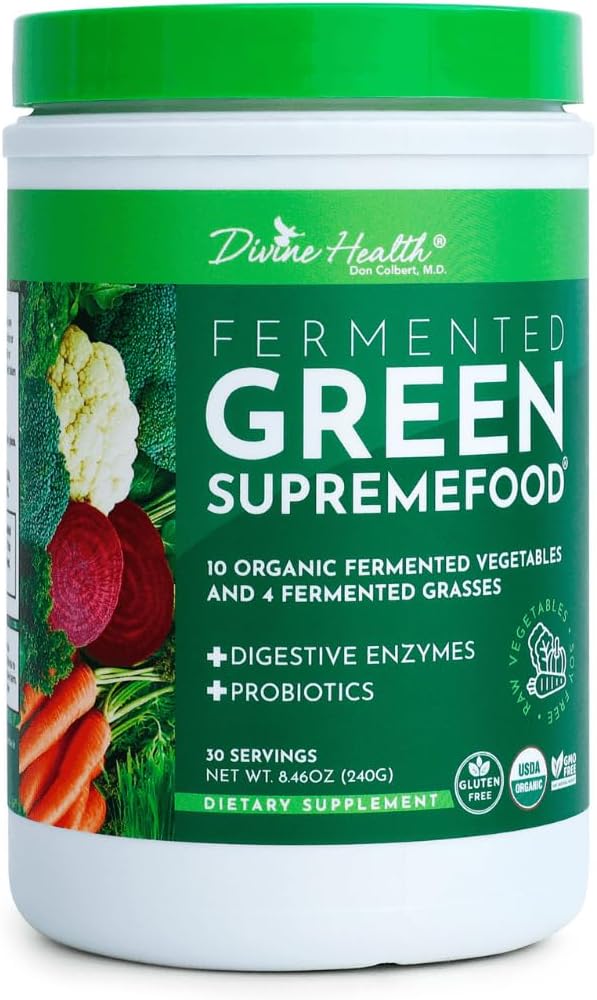 Divine Health Fermented Green Supremefood | 14 USDA Organic & Fermented Vegetables and Grasses | Probiotics | Enzymes | Apple Cinnamon Flavor | 30 Servings | 240g 2