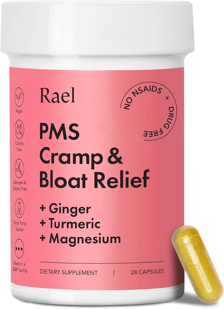 Rael PMS Supplement, Hormone Balance for Women, Relief from Menstrual Cramps, Period Bloating, Mood Swings Treatment with Turmeric, Ginger, Magnesium, No NSAIDs, Vegan (28 Capsules) 2