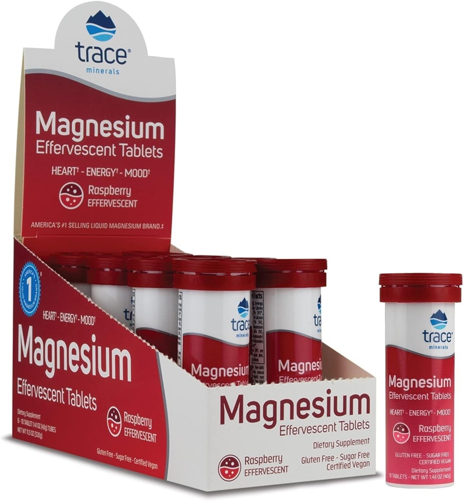 Trace Minerals Magnesium Effervescent - Healthy Heart & Energy Support Supplement - Natural Magnesium Supplement to Aid Healthy Sleep - Gluten-Free Health Supplement - Raspberry, 8 Tubes (80 Servings) 2