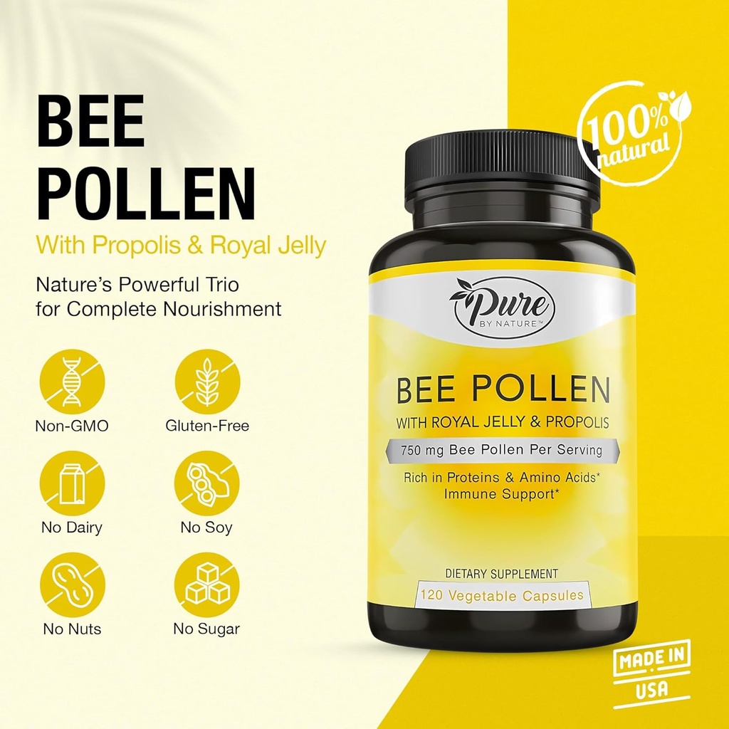 Pure By Nature Bee Pollen Supplement with Propolis & Royal Jelly for Immune Support, Antioxidant Properties, 120 Non-GMO Vegetarian Capsules 3