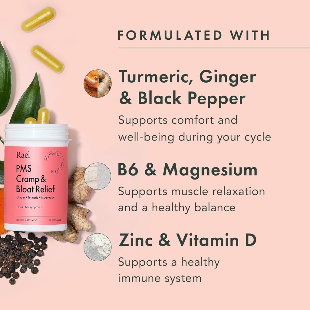 Rael PMS Supplement, Hormone Balance for Women, Relief from Menstrual Cramps, Period Bloating, Mood Swings Treatment with Turmeric, Ginger, Magnesium, No NSAIDs, Vegan (28 Capsules) 4