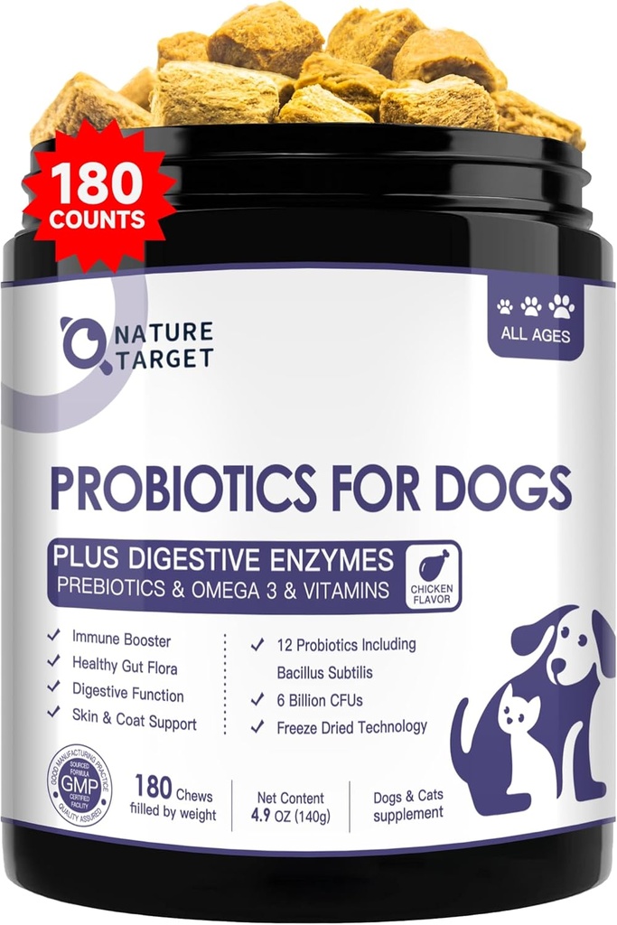 NATURE TARGET Probiotics for Dogs, 6 Billion CFUs, Freeze Dried Dog Probiotics with Prebiotics & Enzymes for Diarrhea, Gas, Vitamins & Omega 3 for Skin & Immune Health, Allergy Itch Relief, 180 Count 2
