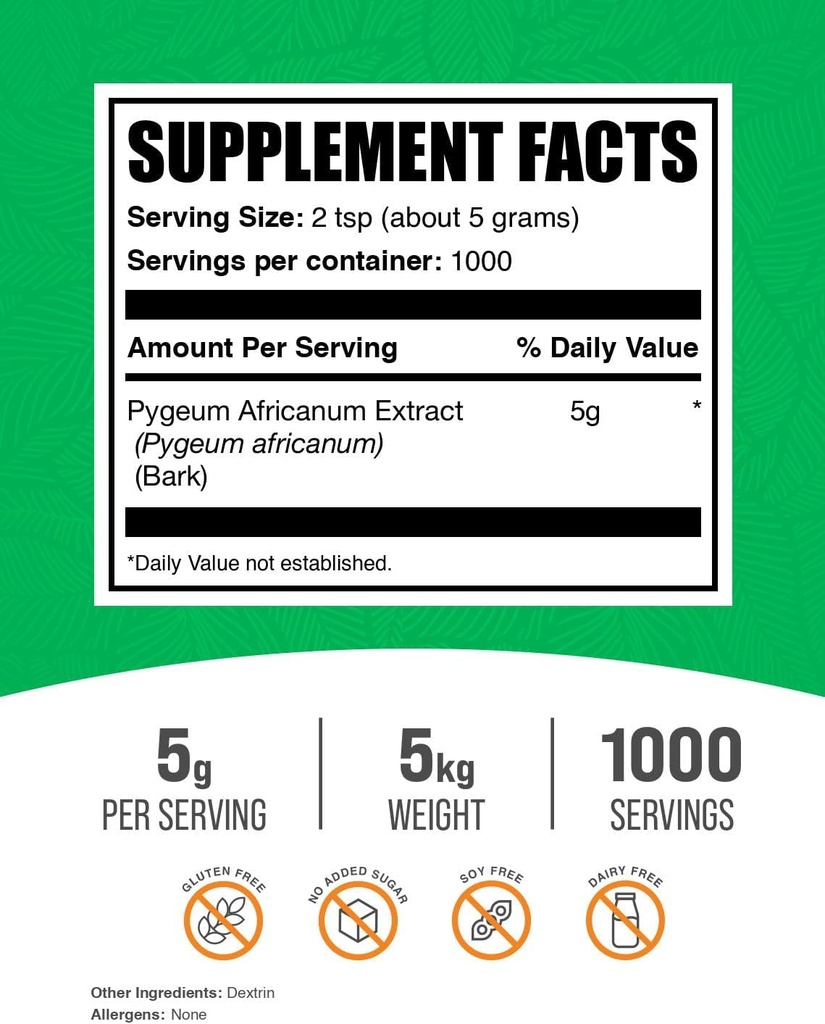BulkSupplements.com Pygeum Africanum Extract Powder - from Pygeum Bark - Gluten Free, 5000mg per Serving, 5kg (11 lbs) (Pack of 5) 3