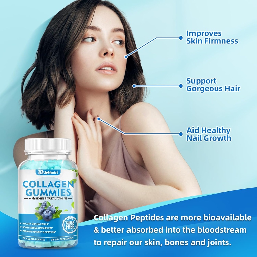 Sugar Free Collagen Peptides Gummies for Women Men, 1500mg Collagen Types I,II,III,V,X, Plus 5000mcg Biotin & Multi Vitamins for Healthy Skin Hair Nails, Immune Digestion Bone Support 5