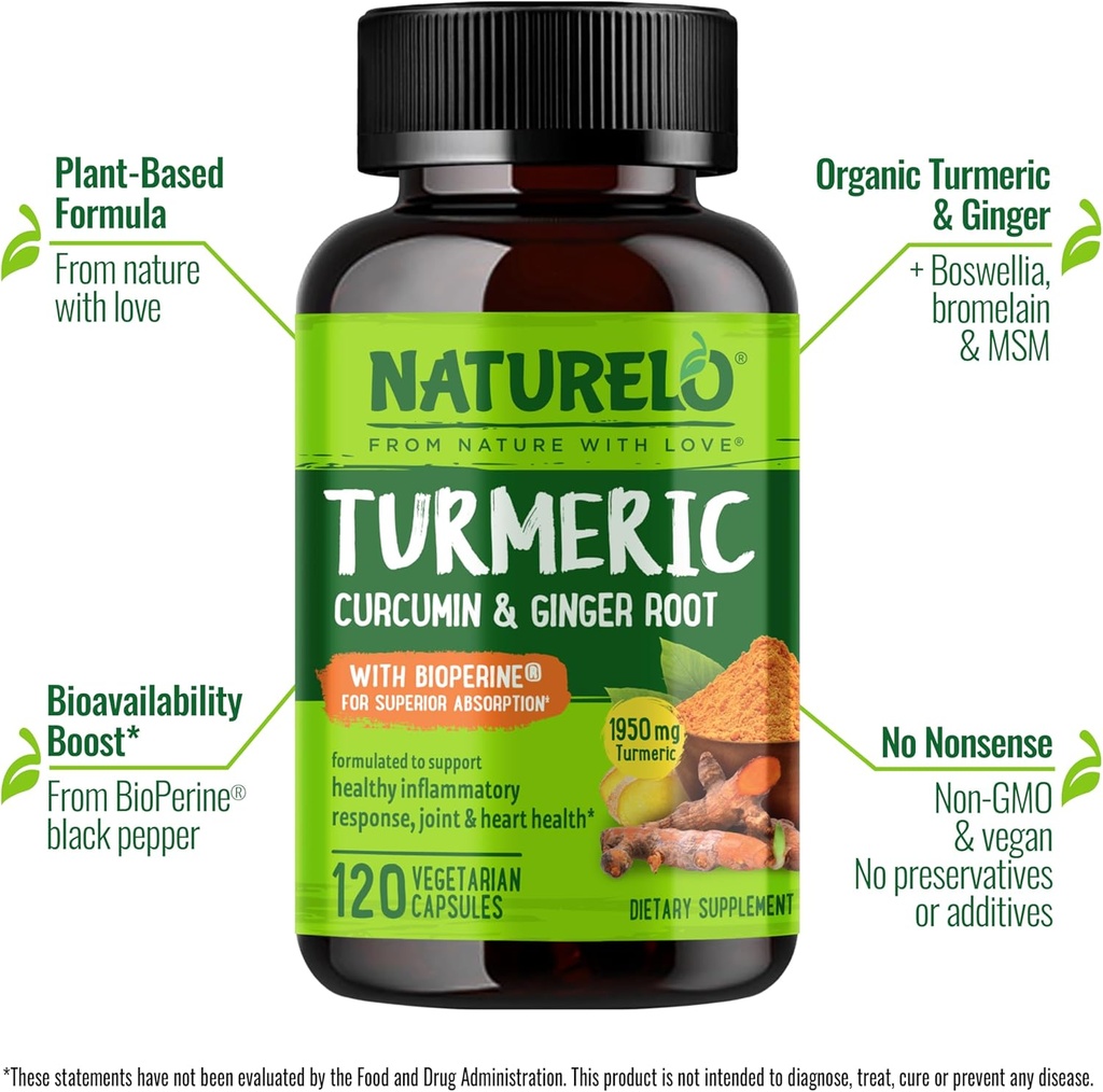 NATURELO Turmeric Curcumin - BioPerine for Better Absorption - Black Pepper, Ginger Root, Curcuminoids - Plant-Based Joint Discomfort Support - 120 Vegan Capsules (Pack of 2) 3