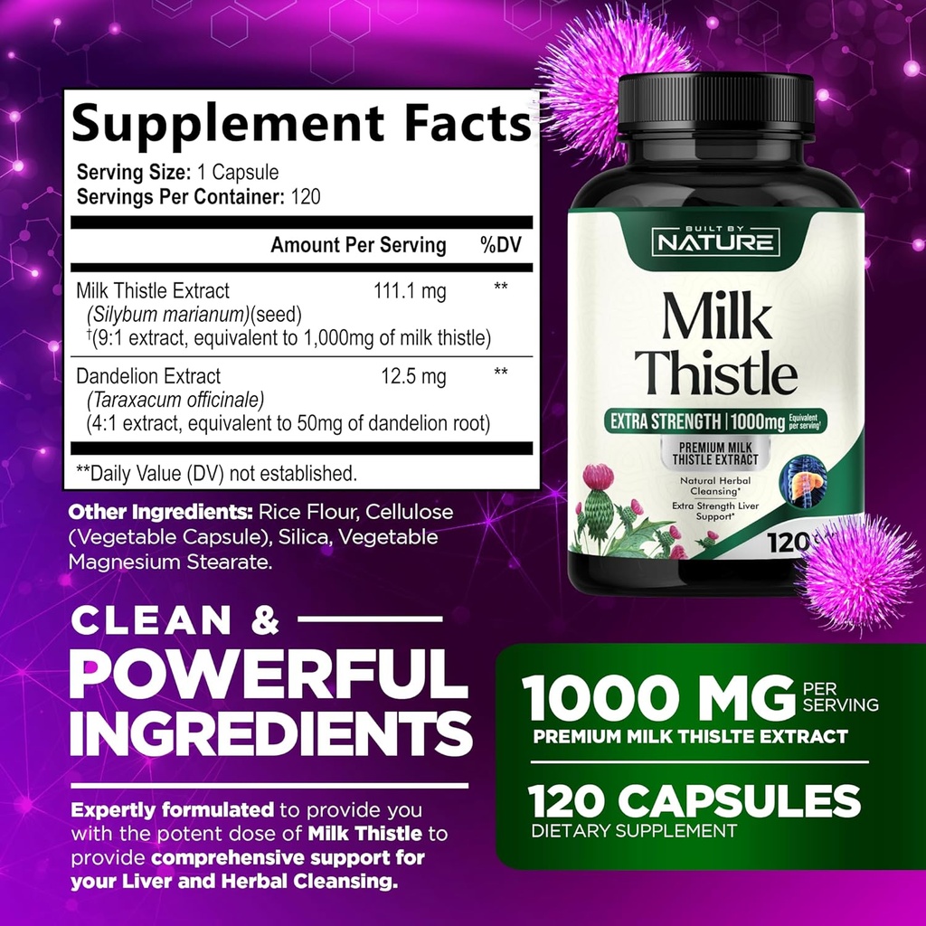 Milk Thistle 1000mg - Liver Detox Supplement with Silymarin Extract & Dandelion Root – Gentle Herbal Liver Cleanse for Men & Women - Liver Health Support - Non-GMO - 120 Veggie Capsules 3