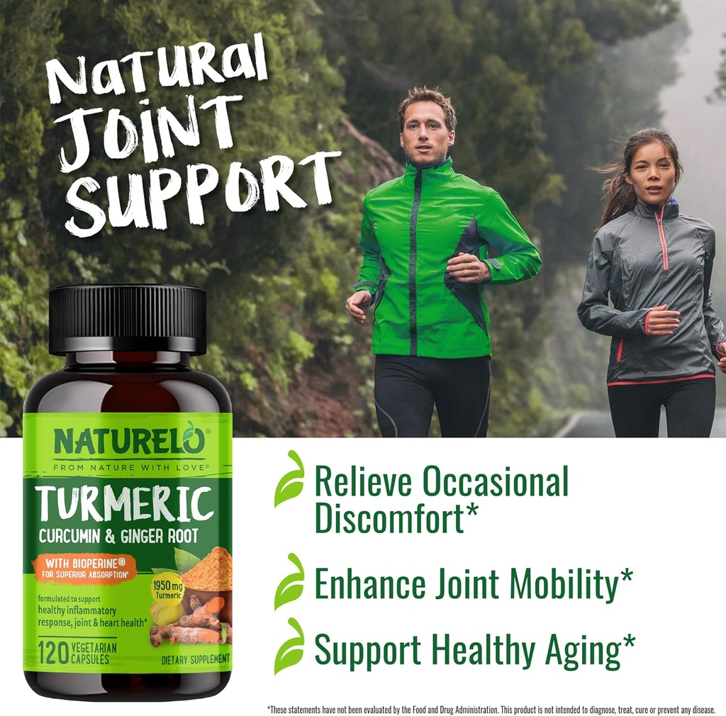 NATURELO Turmeric Curcumin - BioPerine for Better Absorption - Black Pepper, Ginger Root, Curcuminoids - Plant-Based Joint Discomfort Support - 120 Vegan Capsules (Pack of 2) 6