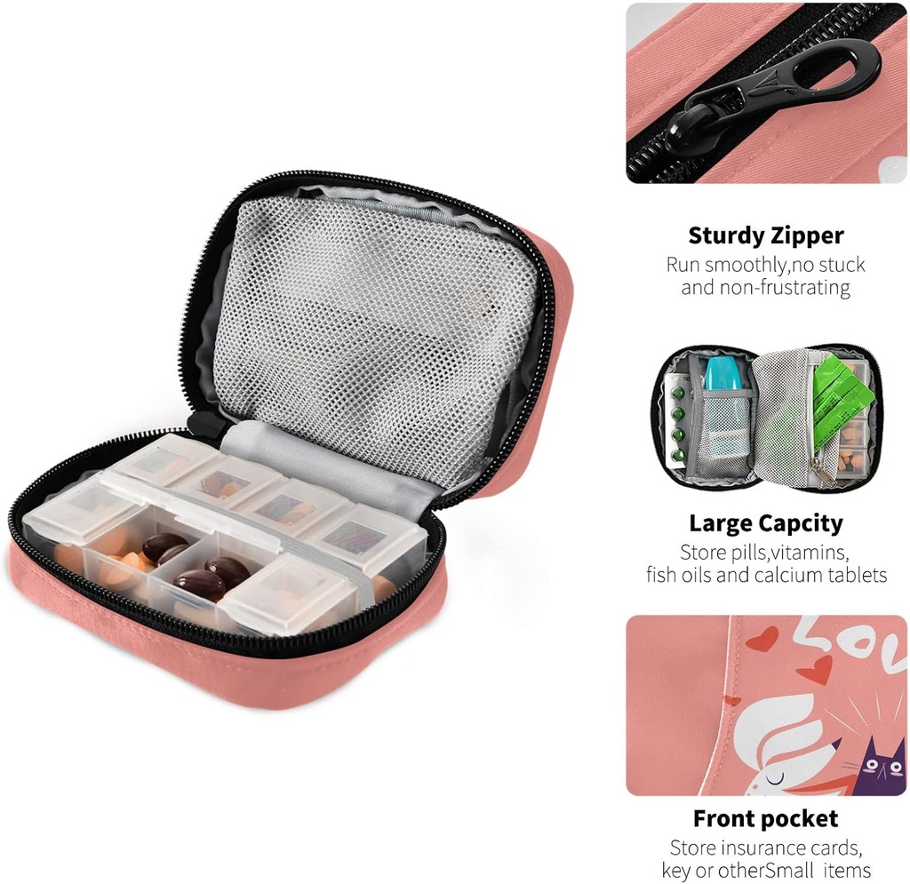 Dog and Cat in Love Pill Box 7 Day Pill Case Travel Pill Organizer Bag with Zipper Portable Weekly Case Compact Size for Vitamin Supplement Holder 5
