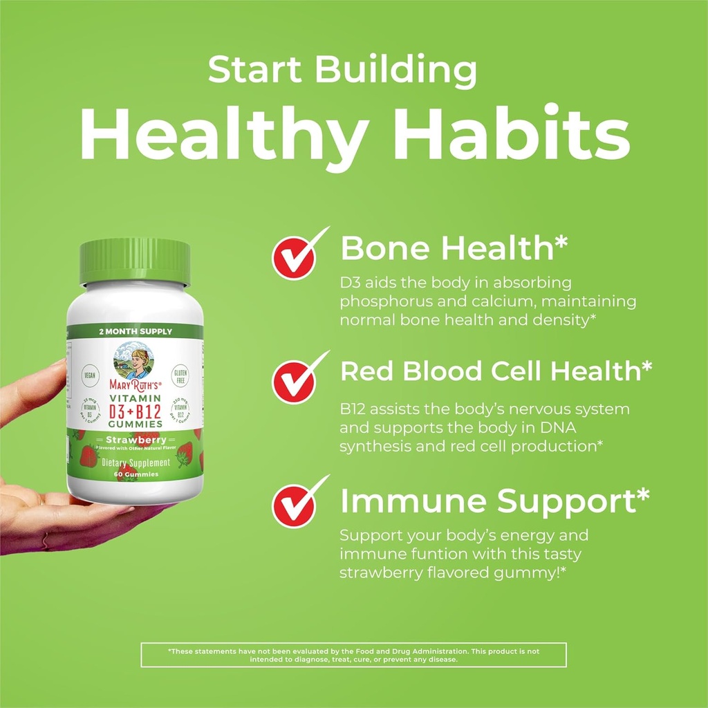 MaryRuth Organics Vegan Vitamin D3 + Vitamin B12 Gummies | 2 Month Supply | Supports Bone Health | Immune Support Supplement | Energy Supplements | Methyl B12 Vegan Non-GMO Gluten Free | 60 Servings 6