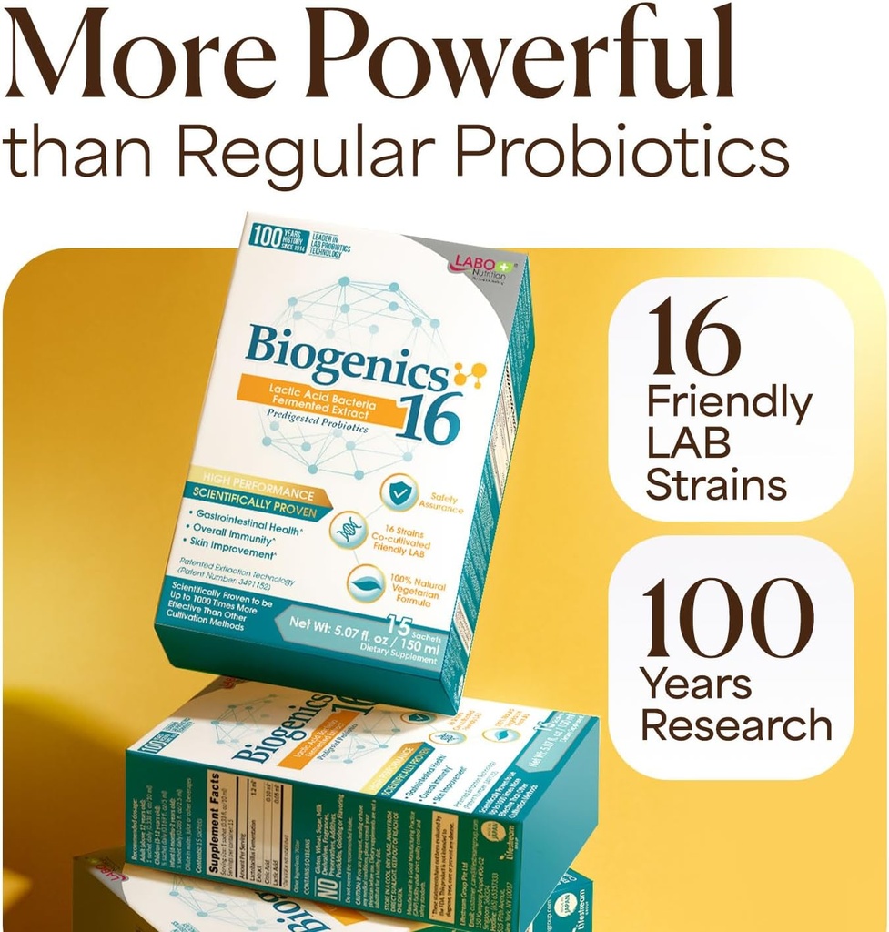 LABO Nutrition Biogenics 16–Lactic Acid Bacteria Fermented Extract, 1000x More Effective, Gut Health Support Beyond Probiotics & Prebiotics, Improve Intestinal Skin and Immune Health, 10mlx15 sachets 4