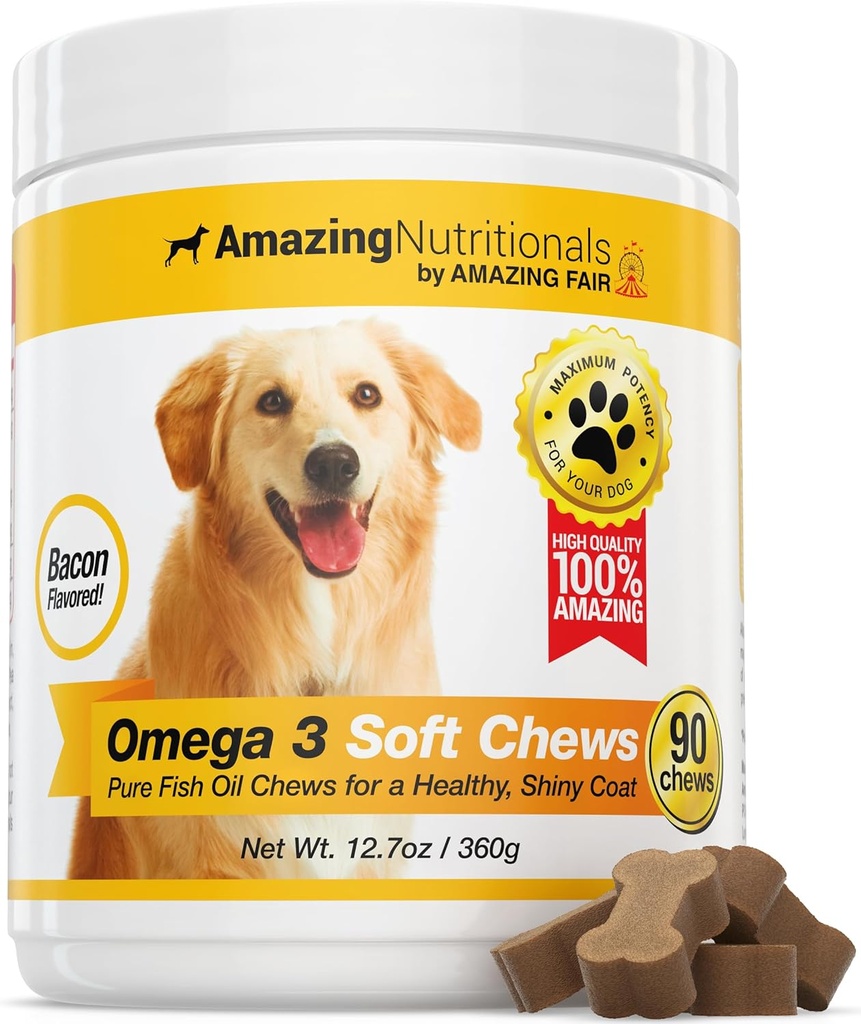 Amazing Omega 3 for Dogs - Omega 3 Fish Oil for Dogs Supplement for Itchy Skin Relief for Dry Skin and Hot Spots and Shedding Coat with EPA and DHA Fatty Acids - 90 Bacon Soft Chews 2