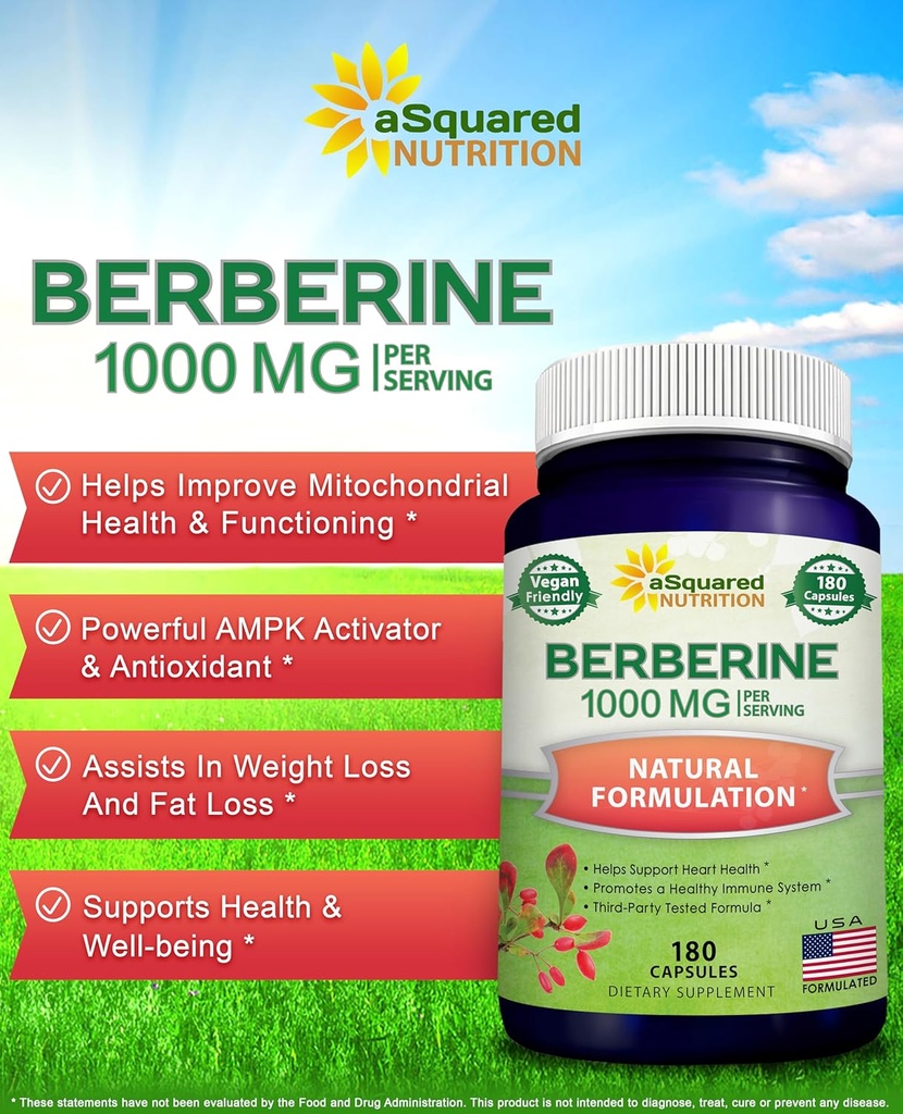 aSquared Nutrition Pure Berberine 1000mg Supplement - 180 Veggie Capsules, Natural Berberine Hydrochloride HCL Plus, Max Strength 1000 mg (2X 500mg), Potent Berberine Vegan Extract 3