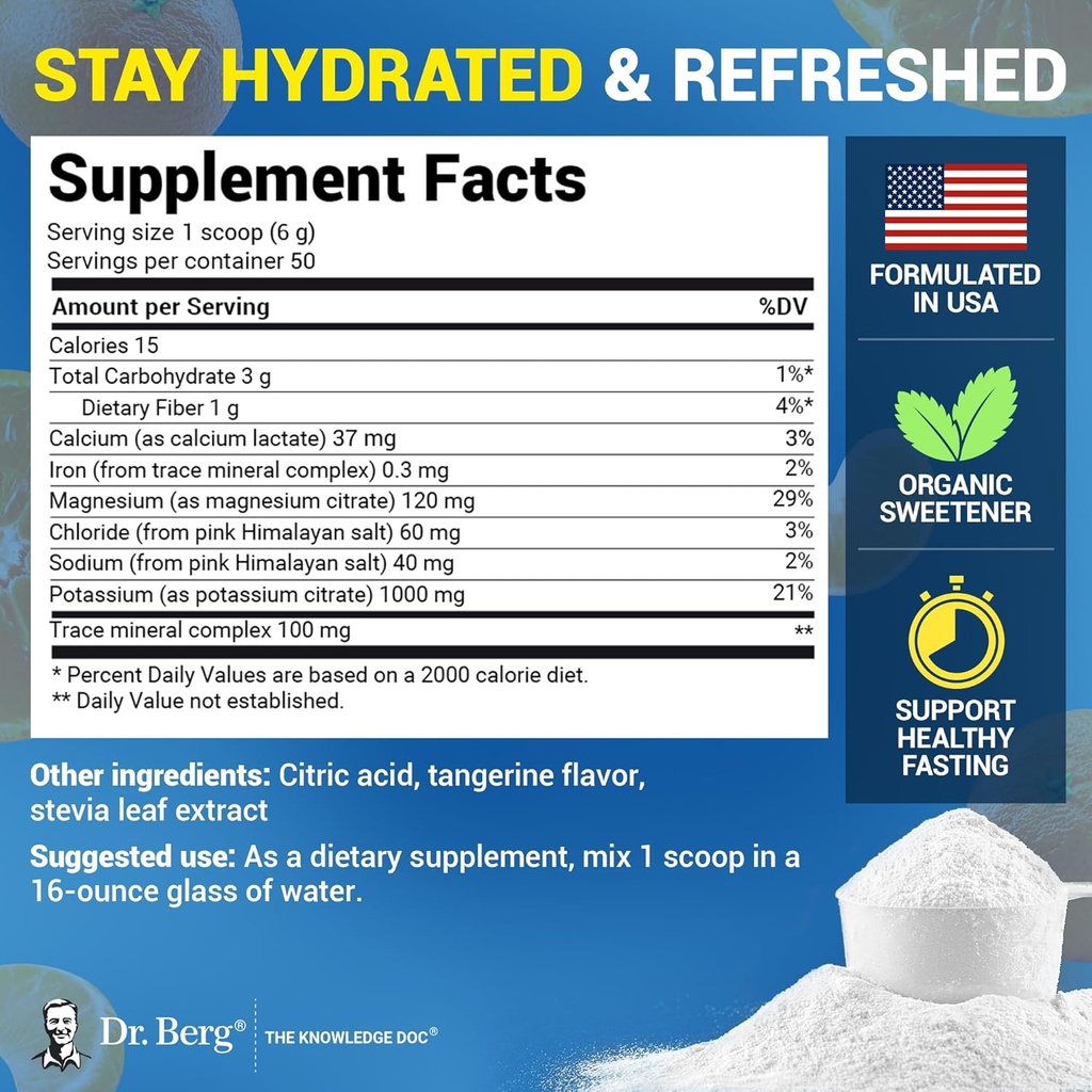 Dr. Berg Zero Sugar Hydration Keto Electrolyte Powder - Enhanced w/ 1000 mg of Potassium & Real Pink Himalayan Salt (NOT Table Salt) - Tangerine Flavor Hydration Drink Mix Supplement - 50 Servings 4