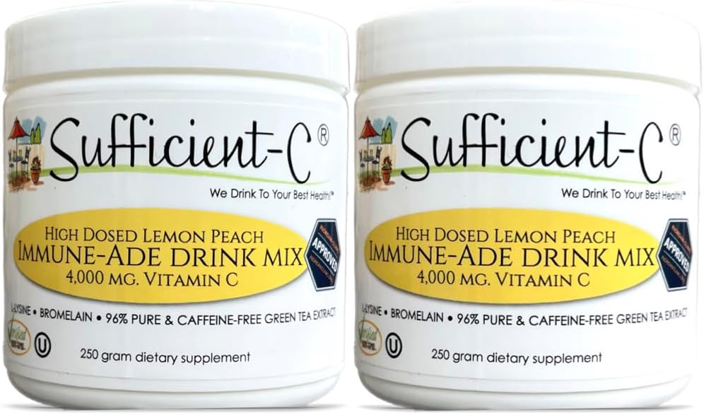 Sufficient-C High Dose Non-GMO Vitamin C - Lemon Peach Immune-Ade Drink Mix 250 Grams - Healthy Hydration Like Never Before (2 Pack) 2