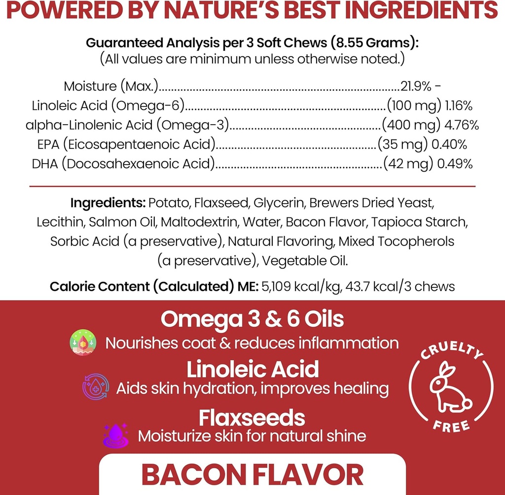 Omega for Dogs - 180 Delicious Soft Chews - Salmon Oil Treats for Skin and Coat, Itch Relief - Fish Oil Blend of Essential Fatty Acids, Omega 3, 6, and 9, and Vitamins - Smoked Bacon Flavor 3